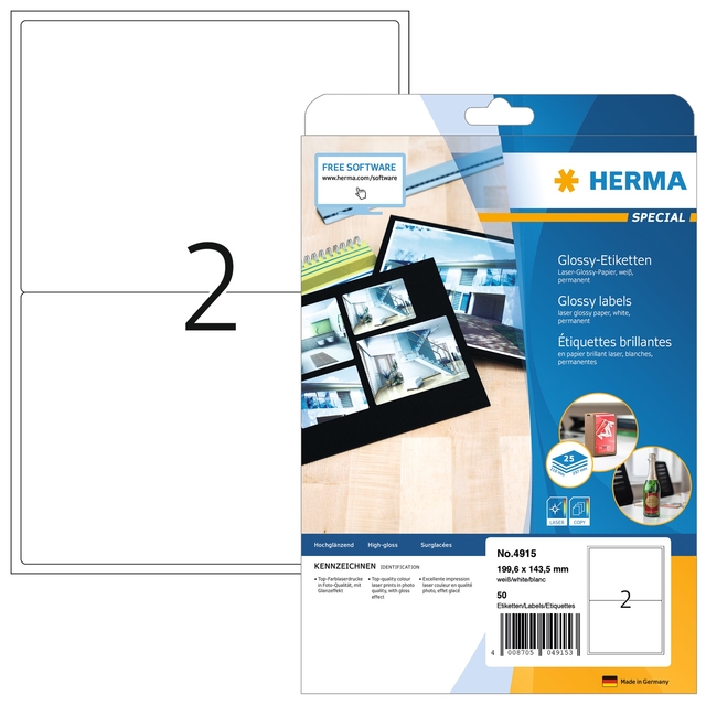 Etiket HERMA 4915 199.6X143.5mm glossy wit 50 etiketten afbeelding
