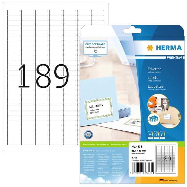 Etiket HERMA 4333 25.4x10mm A4 4725 stuks