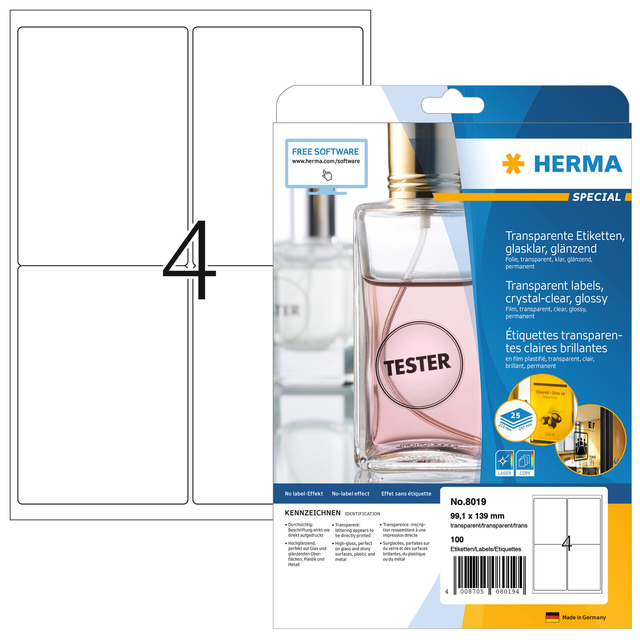 Etiket HERMA 8019 99.1x139mm transparant 100 etiketten afbeelding