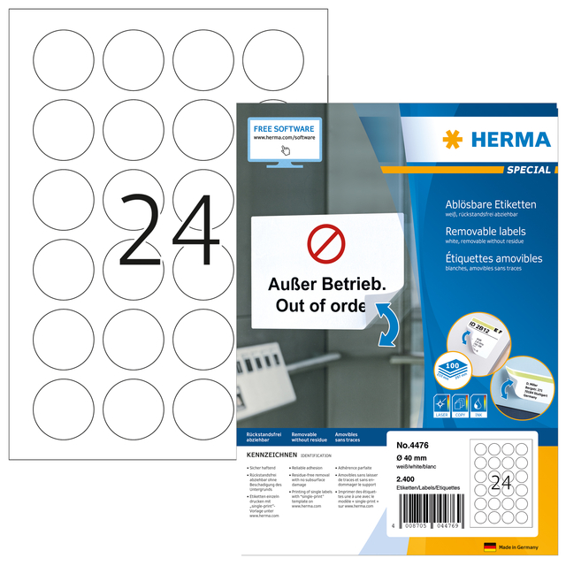 Etiket HERMA 4476 40mm verwijderbaar wit 2400 etiketten afbeelding