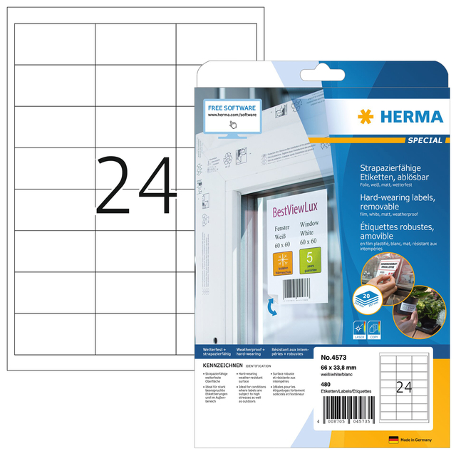 Etiket HERMA 4573 66x33.8mm folie wit 480 etiketten afbeelding