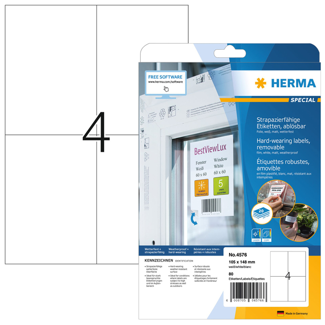 Etiket HERMA 4576 105x148mm folie wit 80 stuks