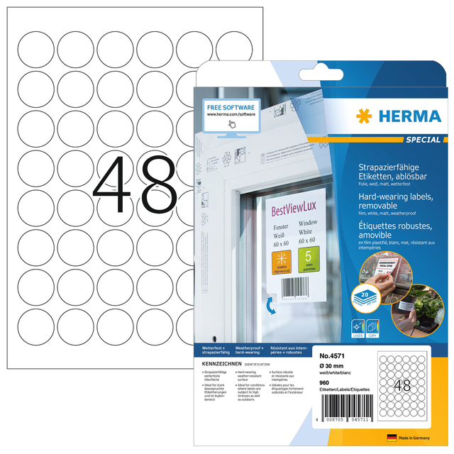 Etiket HERMA 4571 30mm rond folie wit 960 etiketten afbeelding