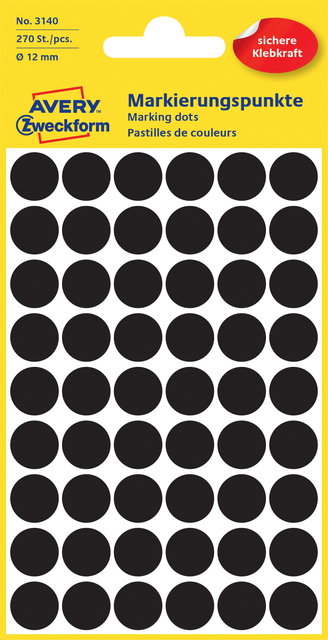 Etiket Avery 3140 rond 12mm zwart 270 stuks