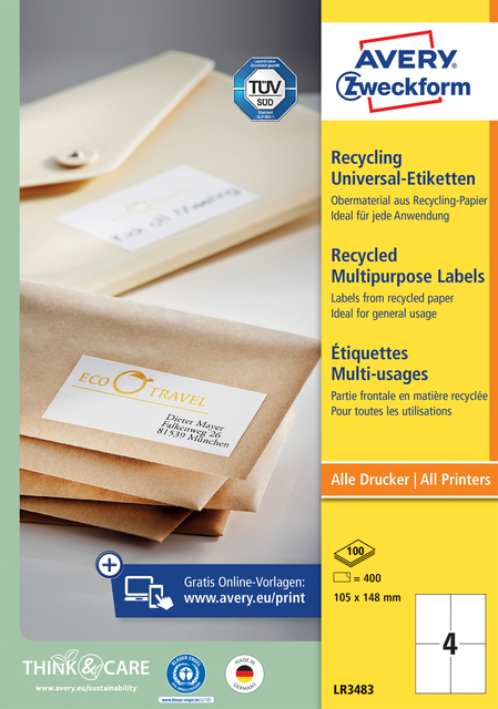 Etiket Avery Zweckform LR3483 105x148mm A6 recycled wit 400 etiketten afbeelding