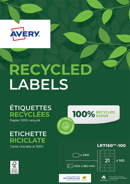 Etiket Avery LR7160-100 63.5x38.1mm recycled wit 2100 etiketten afbeelding