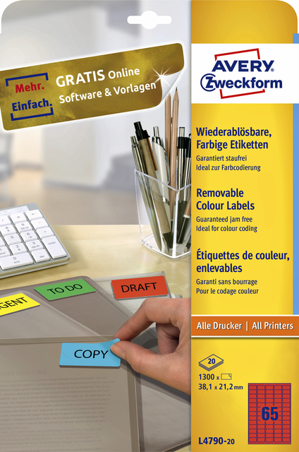 Etiket Avery Zweckform L4790-20 38.1x21.2mm rood 1300stuks afbeelding