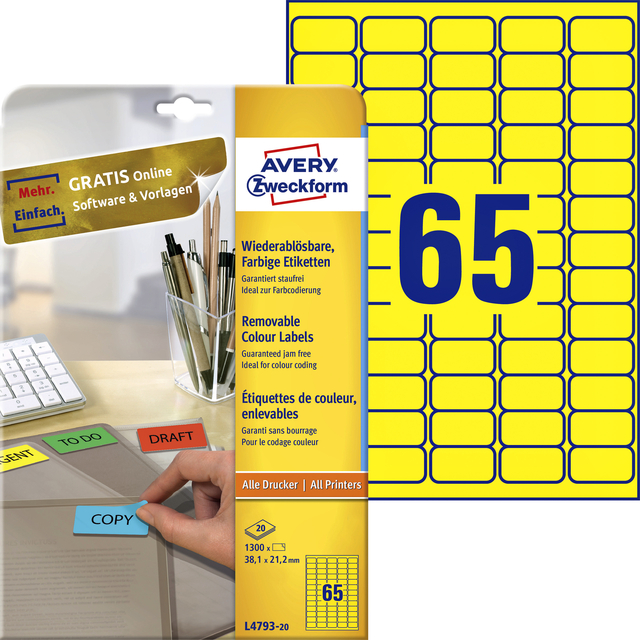 Etiket Avery Zweckform L4793-20 38.1x21.2mm geel 1300 etiketten afbeelding