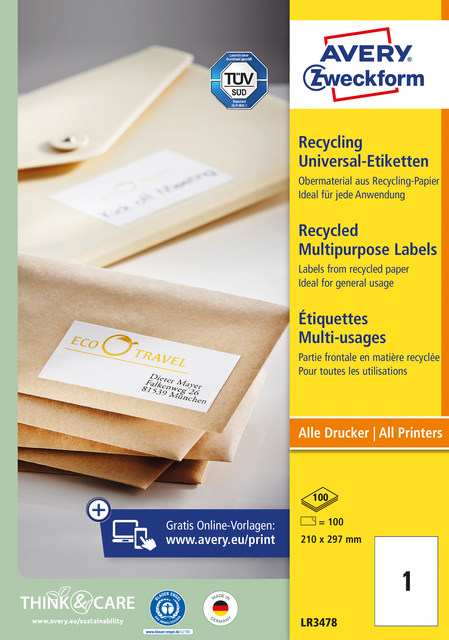 Etiket Avery LR3478 210x297mm A4 recycled wit 100 stuks