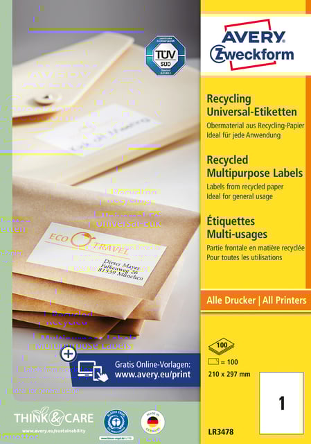 Etiket Avery Zweckform LR3478 210x297mm A4 recycled wit 100 etiketten afbeelding