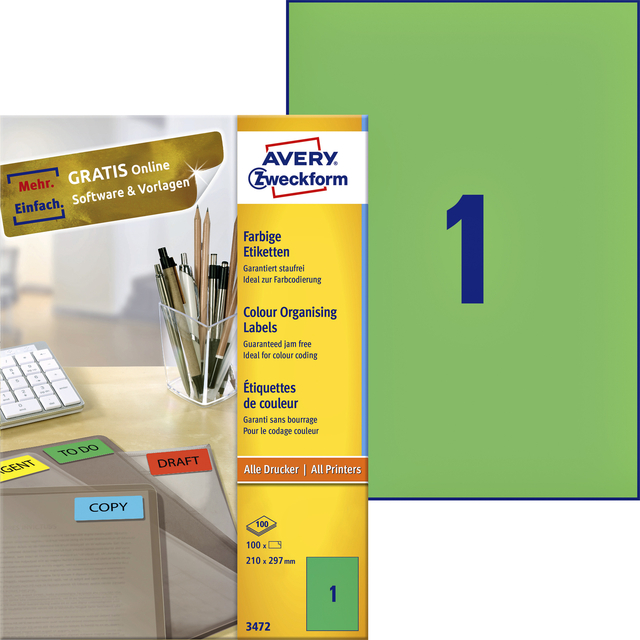 Etiket Avery Zweckform 3472 210x297mm A4 groen 100stuks afbeelding