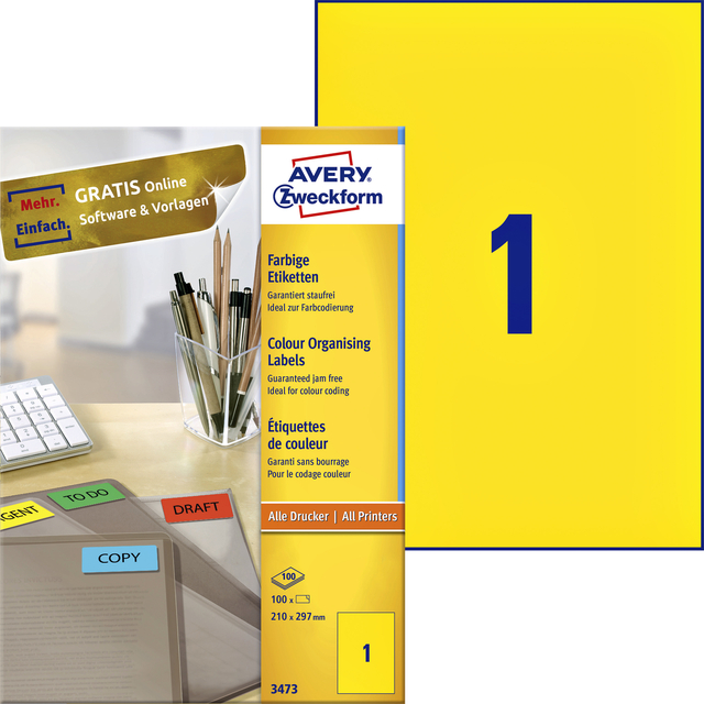 Etiket Avery 3473 210x297mm A4 geel 100 stuks