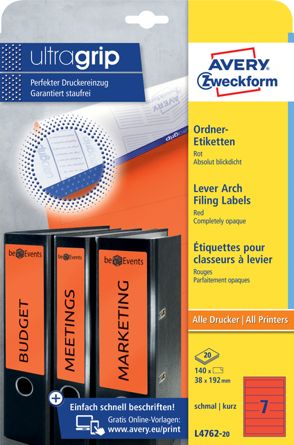 Rugetiket Avery Zweckform smal 38x192mm zelfklevend rood afbeelding