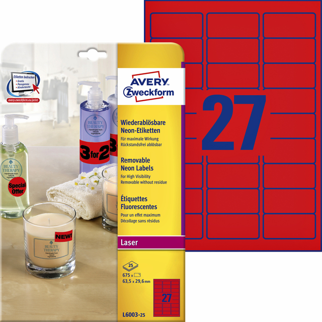 Etiket Avery L6003-25 63.5x29.6 neon rood 675 etiketten afbeelding