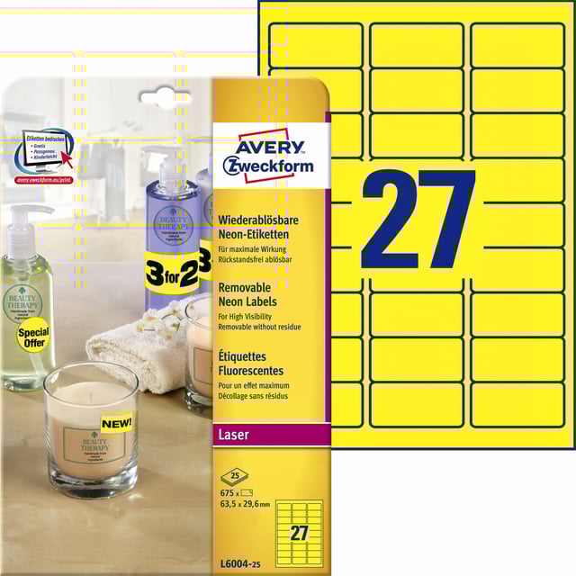 Etiket Avery L6004-25 63.5x29.6 neon geel 675 etiketten afbeelding
