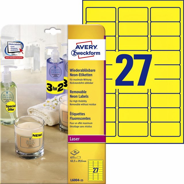 Etiket Avery L6004-25 63.5x29.6 neon geel 675stuks afbeelding