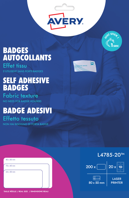 Naambadge etiket Avery L4785-20 80x50mm 200 etiketten afbeelding