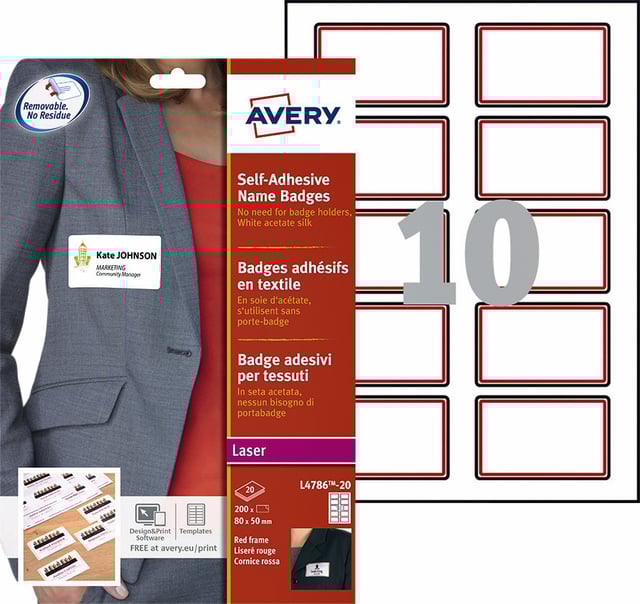 Naambadge etiket Avery L4786-20 80x50mm rood kader 200 etiketten afbeelding