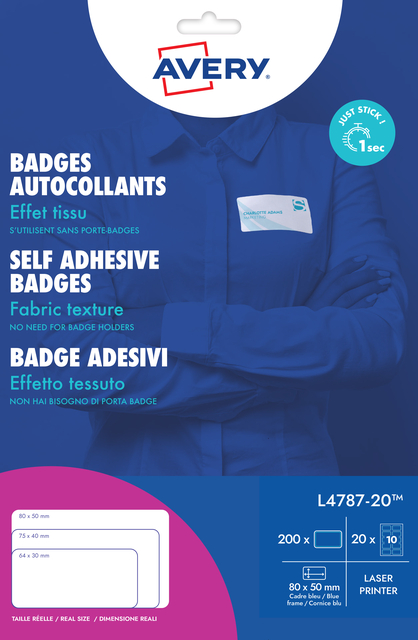 Naambadge etiket Avery L4787-20 80x50mm blauw kader 200 etiketten afbeelding