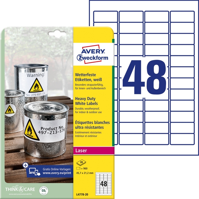 Etiket Avery L4778-20 45.7x21.2mm polyester wit 960stuks afbeelding