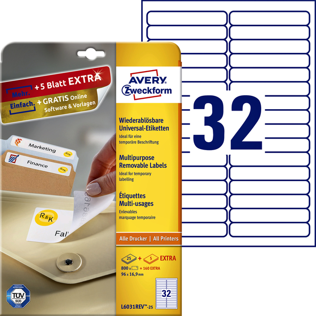 Etiket Avery Zweckform L6031REV-25 96x16.9mm afneembaar wit 800stuks afbeelding