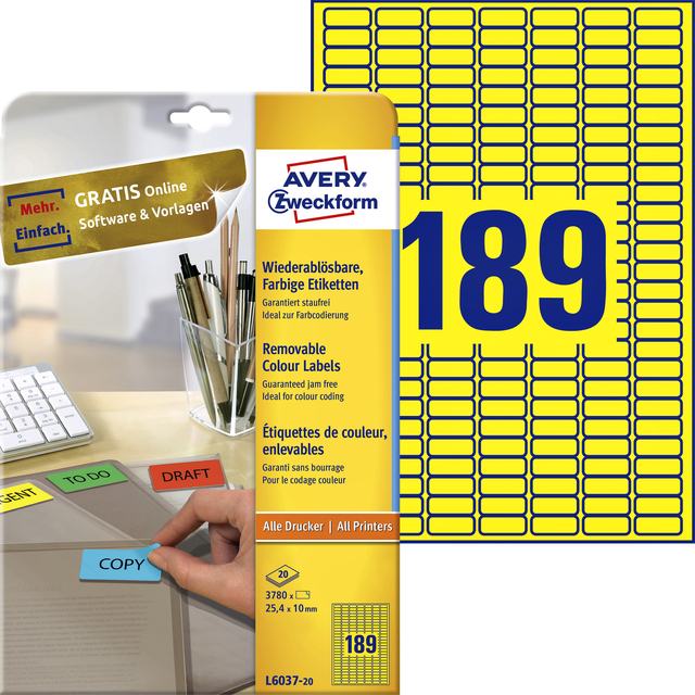 Etiket Avery Zweckform L6037-20 25.4x10mm geel 3780stuks afbeelding