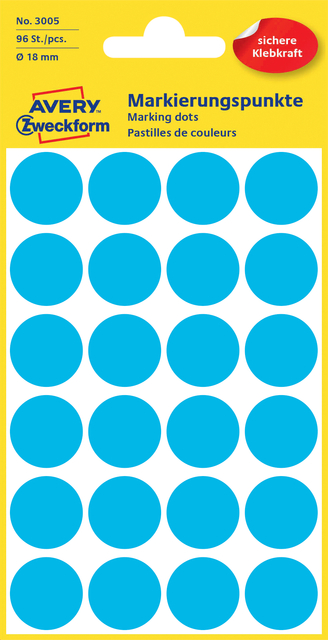 Etiket Avery 3005 rond 18mm blauw 96 stuks afbeelding
