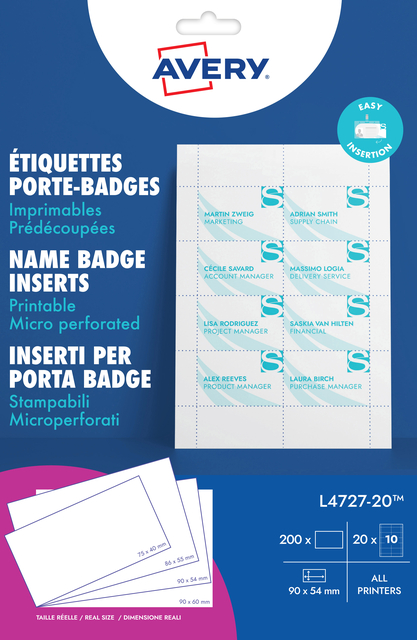 Badgekaart Avery L4727-20 54x90mm microperforatie 20 vel afbeelding