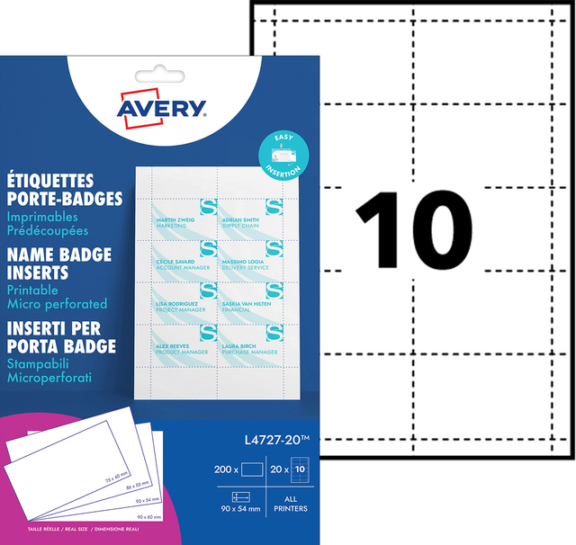 Badgekaart Avery L4727-20 54x90mm microperforatie 20 vel — Foto 2 van 2