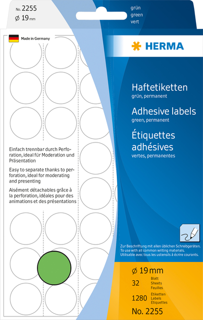 Etiket HERMA 2255 rond 19mm groen 1280 stuks