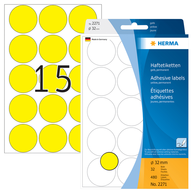 Etiket HERMA 2271 rond 32mm geel 480 stuks — Foto 2 van 2