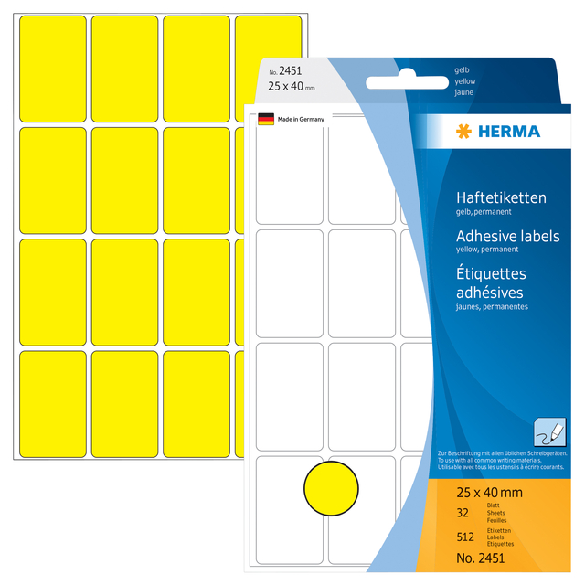 Etiket HERMA 2451 25x40mm geel 512 stuks afbeelding