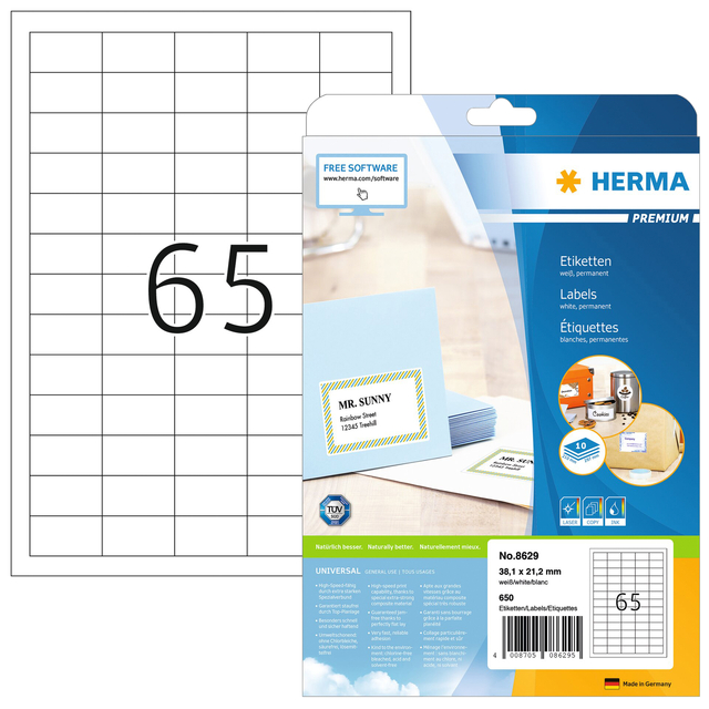 Etiket HERMA 8629 38.1x21.2mm premium wit 650stuks afbeelding