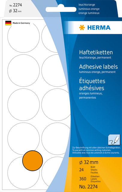 Etiket HERMA 2274 rond 32mm fluor oranje 360stuks afbeelding