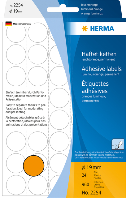 Etiket HERMA 2254 rond 19mm fluor oranje 960 stuks
