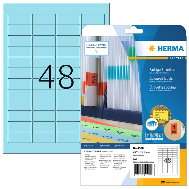 Etiket HERMA 4368 45.7x21.2mm verwijderbaar blauw 960 etiketten afbeelding