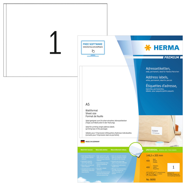 Etiket HERMA 8690 148.5x205mm Premium wit 400stuks afbeelding