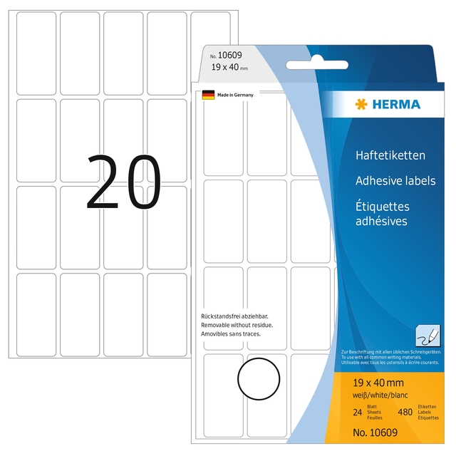 Etiket HERMA 10609 19x40mm verwijderbaar 480 etiketten afbeelding