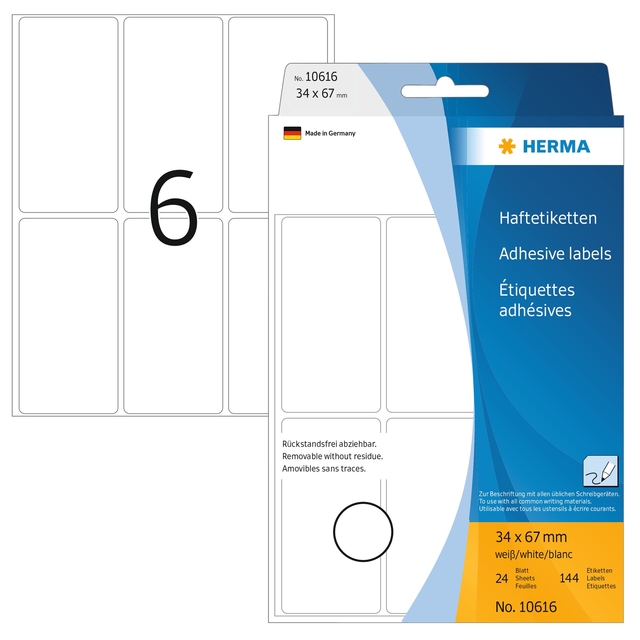 Etiket HERMA 10616 34x67mm verwijderbaar 144 etiketten afbeelding