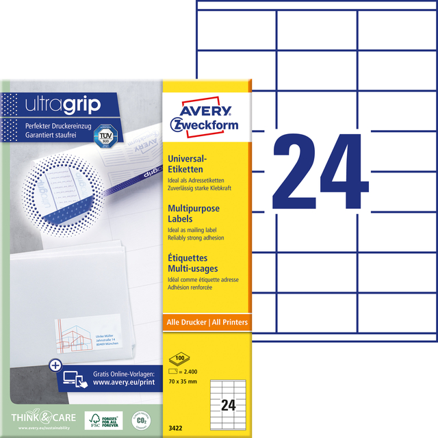 Etiket Avery 3422 70x35mm wit 2400 stuks — Foto 2 van 2