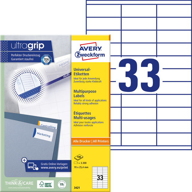 Etiket Avery 3421 70x25.4mm wit 3300 stuks — Foto 2 van 2