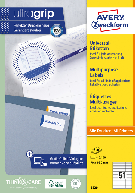 Etiket Avery Zweckform 3420 70x16.9mm wit 5100stuks afbeelding