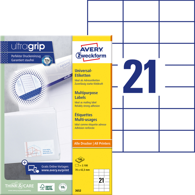 Etiket Avery 3652 70x42.3mm wit 2100 stuks — Foto 2 van 2