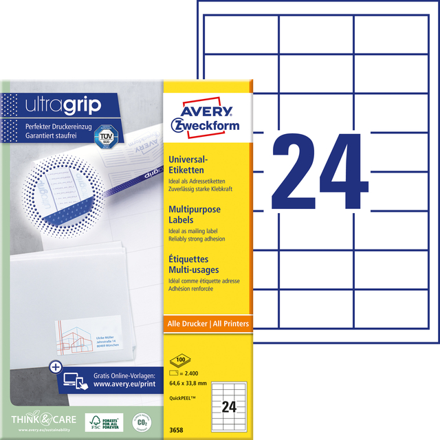 Etiket Avery 3658 64.6x33.8mm wit 2400 stuks — Foto 2 van 2