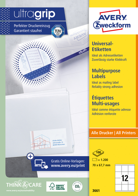 Etiket Avery 3661 70x67.7mm wit 1200 stuks