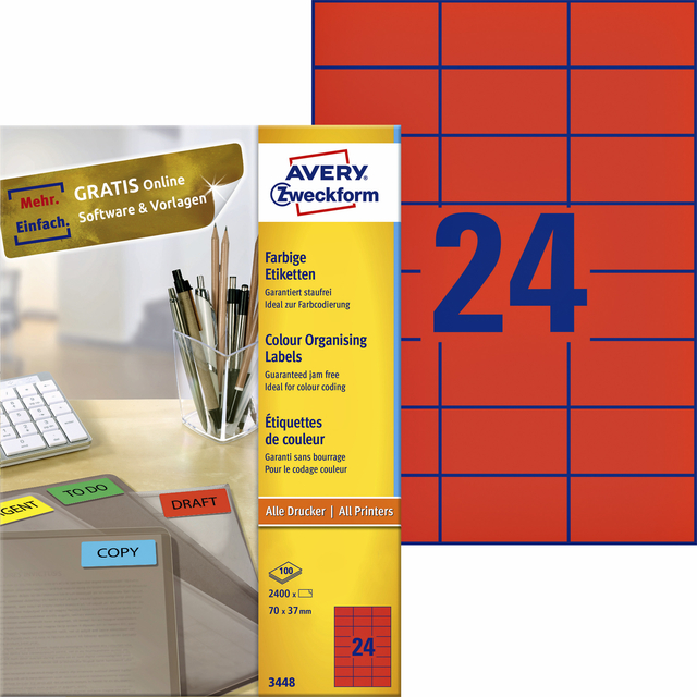 Etiket Avery Zweckform 3448 70x37mm rood 2400stuks afbeelding