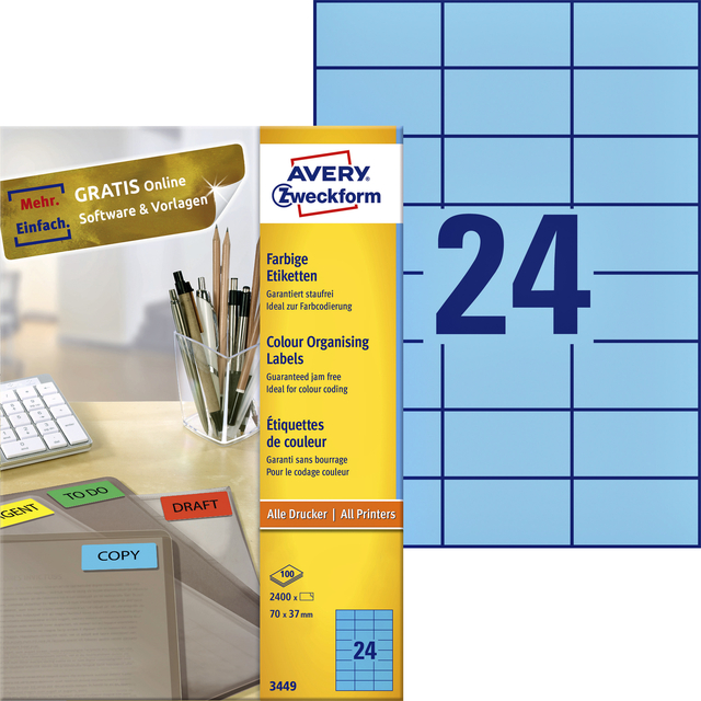 Etiket Avery Zweckform 3449 70x37mm blauw 2400stuks afbeelding