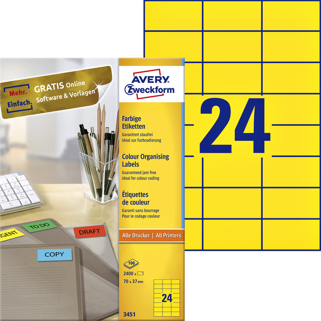 Etiket Avery 3451 70x37mm geel 2400 stuks