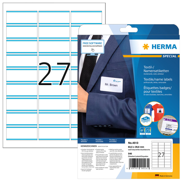 Naambadge etiket HERMA 4513 63.5x29.6mm wit/blauw afbeelding