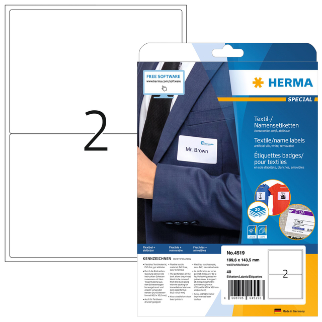 Etiket HERMA 4519 199.6x143.5mm acetaatzijde wit 40 stuks